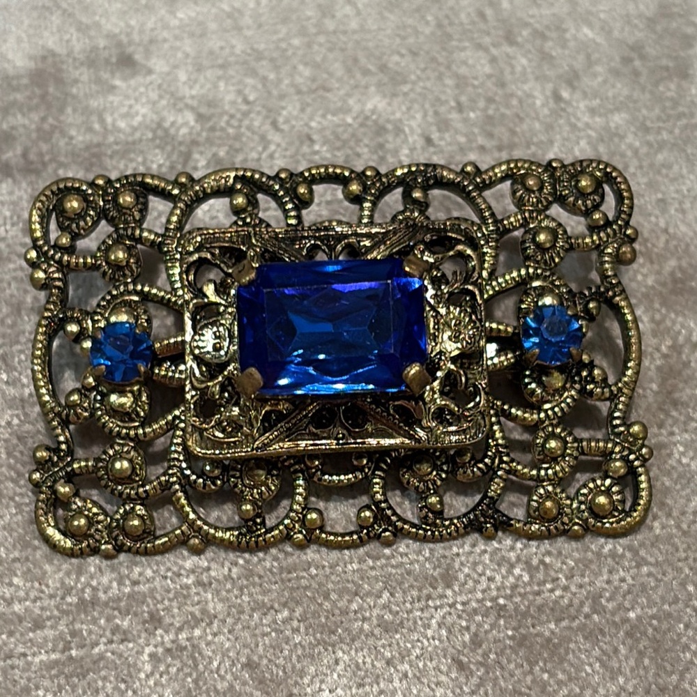 Vintage Royal Blue and Gold Filigree Czech Glass Brooch Rectangular Royal Blue